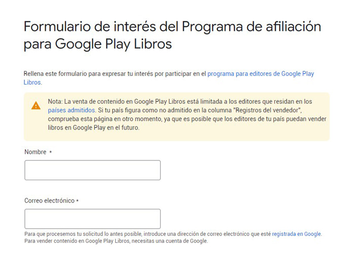 Formulario para vender un ebook en Google Pllay